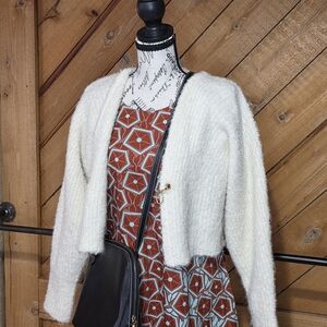 Wild Fable Cream Fuzzy Knit Cropped Cardigan Gold Chain Closure Small
